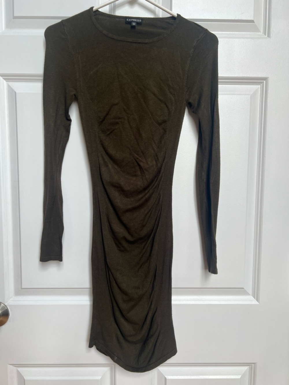 Express Olive Ruched Long Sleeve Bodycon Dress